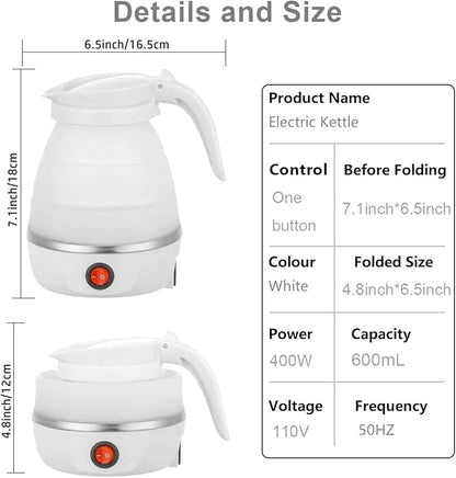 Foldable Electric Kettle, Upgraded Food Grade Silicone,600W 600ML Flash Heat Small Portable Travel Electric Kettle,110V US Plug (Pure White)