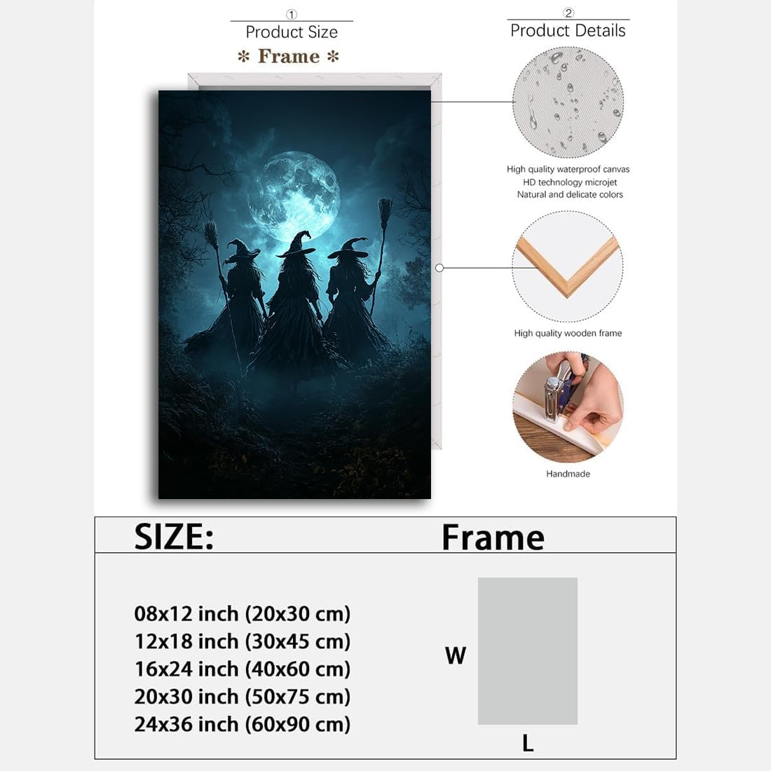 Moonlight Witches Halloween Canvas Art Picture,Three Witches on Broom in Forest Painting Print Gothic Decor,Halloween Witch Poster Witchy Room Aesthetic Bedroom Home Decorations,12"x18" Framed