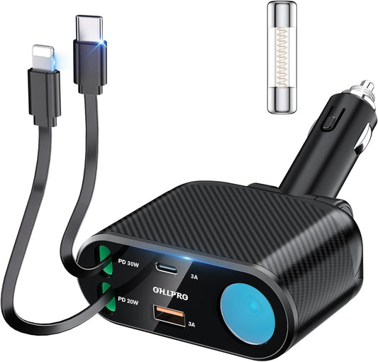 OHLPRO Retractable Car Charger Cigarette Lighter Adapter, 168W 5 in 1 Fast Phone Charging Built-in Replaceable Fuse, Socket Splitter with USB C and USB i Cord, Fit for Phone, iPad, Galaxy, GPS