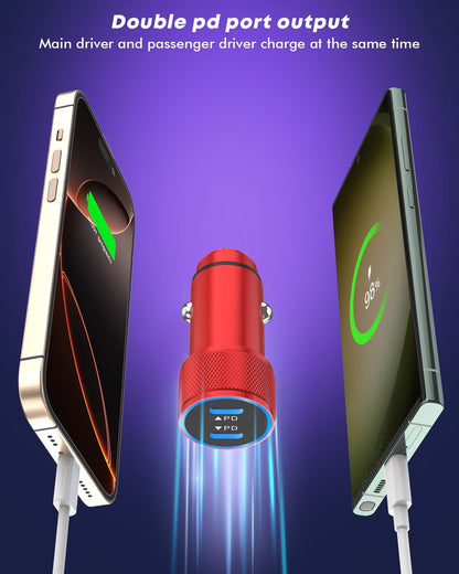 Fast Car Charger for iPhone 16,USB C Charging iPhone 2Pack Dual USB C Port Car Charger Block Cigarette Lighter Adapter Plug with Woven Braided USB C to USB C Cord for iPhone 16/16 Pro/15/iPad(Red)