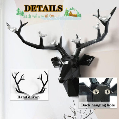 Deer Head Wall Decor Geometric Rustic Wall Mounted Deer Head, Faux Taxidermy Animal Head Wall Art Pendant, Handmade Resin Head Sculptures for Porch, Detachable Antlers, 6 Styles(Black,21.8x15.7IN)