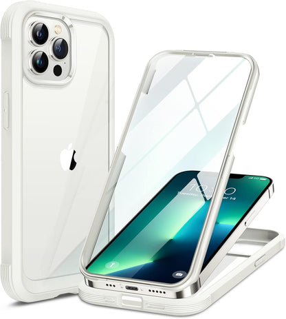 Miracase Glass Case for iPhone 13 Pro Max 6.7 inch, Upgrade Full-Body Clear Bumper Case with Built-in 9H Tempered Glass Screen Protector for iPhone 13 Pro Max, Rice White