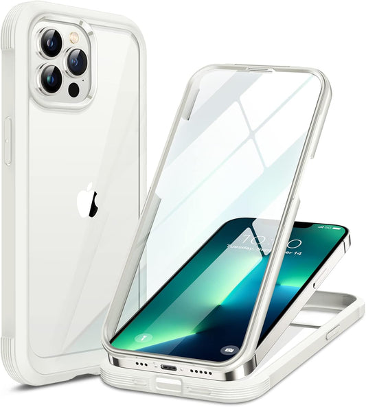 Miracase Glass Case for iPhone 13 Pro Max 6.7 inch, Upgrade Full-Body Clear Bumper Case with Built-in 9H Tempered Glass Screen Protector for iPhone 13 Pro Max, Rice White