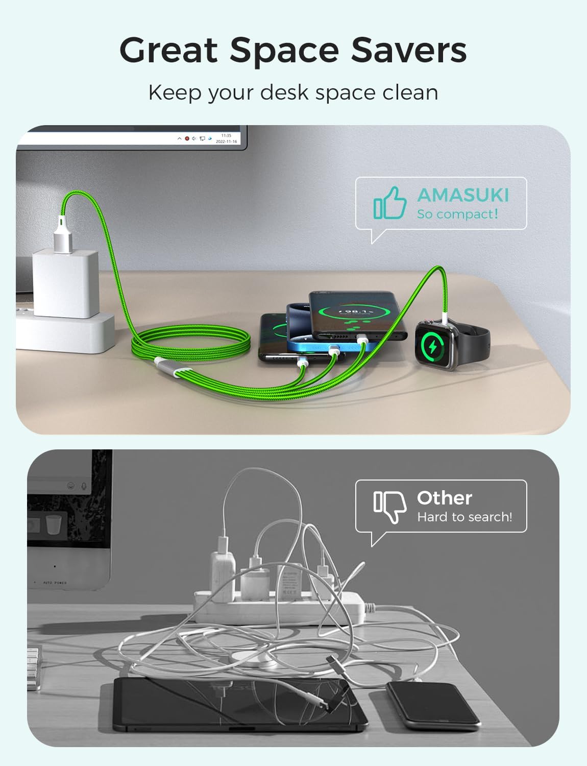 Travel Essentials Multi Charging Cable for Watch Charger 4 in 1 Fast Charger Camping Essentials USB C/L/Micro Compatible with Watch Series 10-1/SE/Ultra Phone 16 15/Galaxy Android-4FT/Green