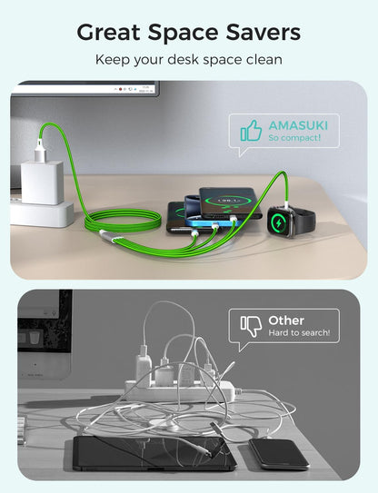 2Pack Travel Essentials Multi Charging Cable for Watch Charger 4 in 1 Fast Charger Camping Essentials USB C/L/Micro Compatible with Watch Series 10-1/SE/Ultra Phone 16 15/Galaxy Android-4FT/Green