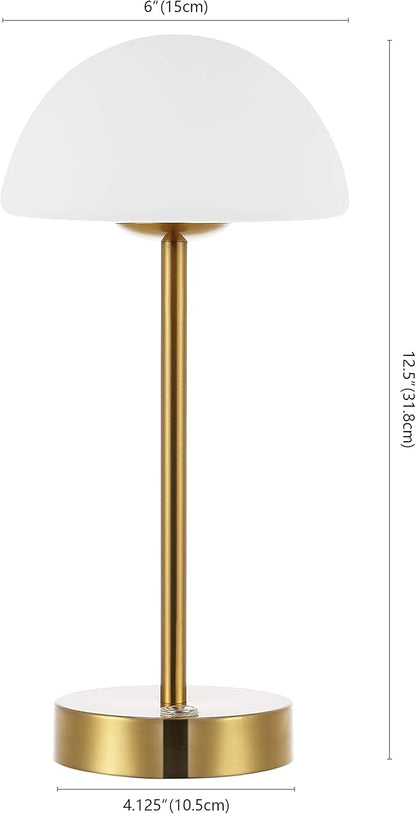 JONATHAN Y 12.5" Brass Gold/White Modern Rechargeable Portable LED Table Lamp, Cordless Dimmable Touch Accent Lamp with White Frosted Glass Shade for Bedroom Living Room Bar Vanity (JYL7109C)
