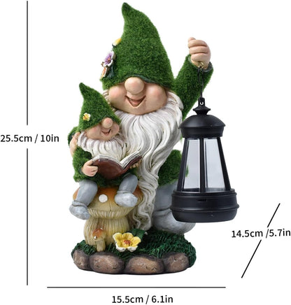 Solar Garden Gnome Statue Flocked Reading Parent & Child Gnomes with LED Light, Outdoor Waterproof Lawn Ornament Decor for Patio Lawn Yard Pathway Gift Idea for Women Mom Mothers Day