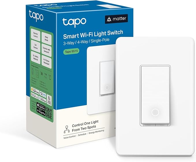 TP-Link Tapo Smart Switch, Single-Pole/3-Way/4-Way, Matter Compatible, Energy Monitoring, Neutral Wire Required, Works with Alexa, Siri, Google Home, SmartThings, UL Certified, 2.4GHZ Wi-Fi, Tapo S515