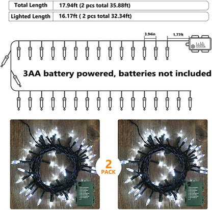 BrizLabs White Christmas Lights, 2 Pack 17.94ft 50 LED Battery Christmas String Lights with Timer, 8 Modes Christmas Tree Lights Indoor Outdoor Christmas Mini Lights for Christmas Tree Wedding Home