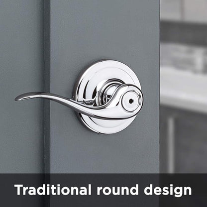 Kwikset Tustin Interior Privacy Door Handle with Lock, Door Lever For Bathroom and Bedroom, Polished Chrome Reversible Keyless Turn Lock