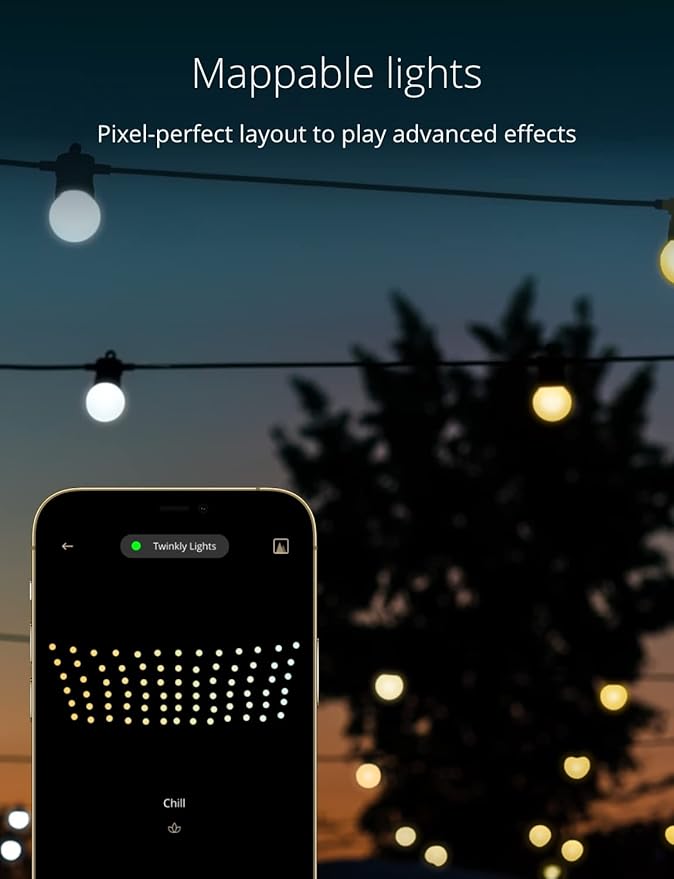 Twinkly Festoon App-Controlled LED Bulb Outdoor String Lights w/ 40 AWW (Warm to Cool White) LEDs, 65.6 ft Patio Lights, Outside Lights w/Black Cable. Smart Indoor Outdoor Lights Decoration