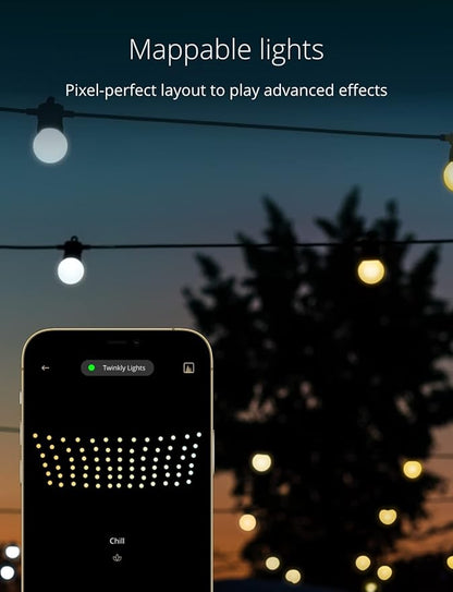 Twinkly Festoon App-Controlled LED Bulb Outdoor String Lights w/ 40 AWW (Warm to Cool White) LEDs, 65.6 ft Patio Lights, Outside Lights w/Black Cable. Smart Indoor Outdoor Lights Decoration