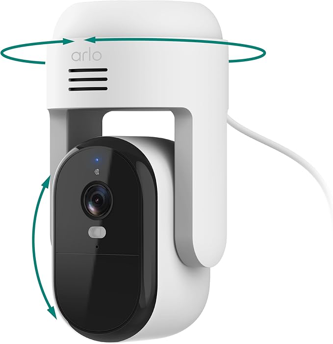 Arlo Essential Pan Tilt Security Camera 2K - Wired Plug-in Power Outdoor Camera, Person Recognition, Package Detection, Animated Preview, 1-Month Trial of Secure Plan, Auto Motion Tracking, 1 Cam