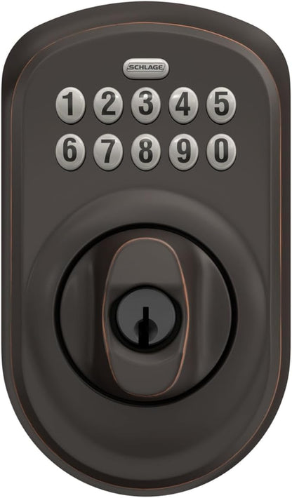 Schlage BE365 PLY 716 Plymouth Keypad Deadbolt, Electronic Keyless Entry Lock, Aged Bronze