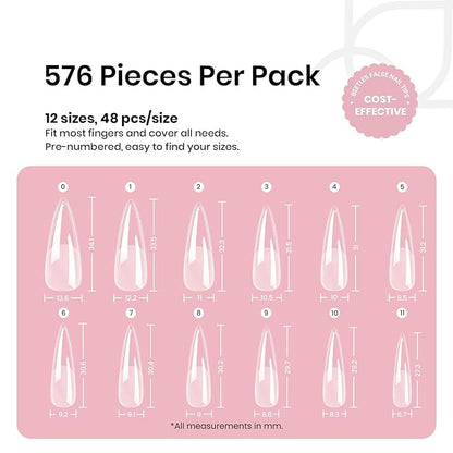 Beetles Gel Nail Tips Etch-X, Stiletto Medium, 576Pcs 12 Sizes, Pre-Etched Half Matte Full Cover Soft Acrylic False Nail Tips Easy DIY Press On Nail Extensions Salon Gift for Women