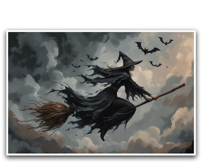 JFHCQJPK Witch and bat flying Halloween poster suitable for home party wall decoration retro Halloween preppy style wall art canvas print suitable for room decoration32x48in Frameless