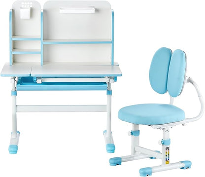 VEVOR Kids Study Chair and Desk Set, Study Desk and Chair for Kids with Bookshelf & Storage Drawer, Adjustable Height & 0-40 Tilted Desktop, Blue