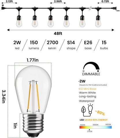 Svater 144 FT Outdoor String Lights 2W, Patio Light for Outside with 48 Antique S14 Plastic LED Bulbs, IP65 Waterproof Hanging Cafe Market Lighting, ETL-Listed Dimmable Warm White (48 FT x 3)