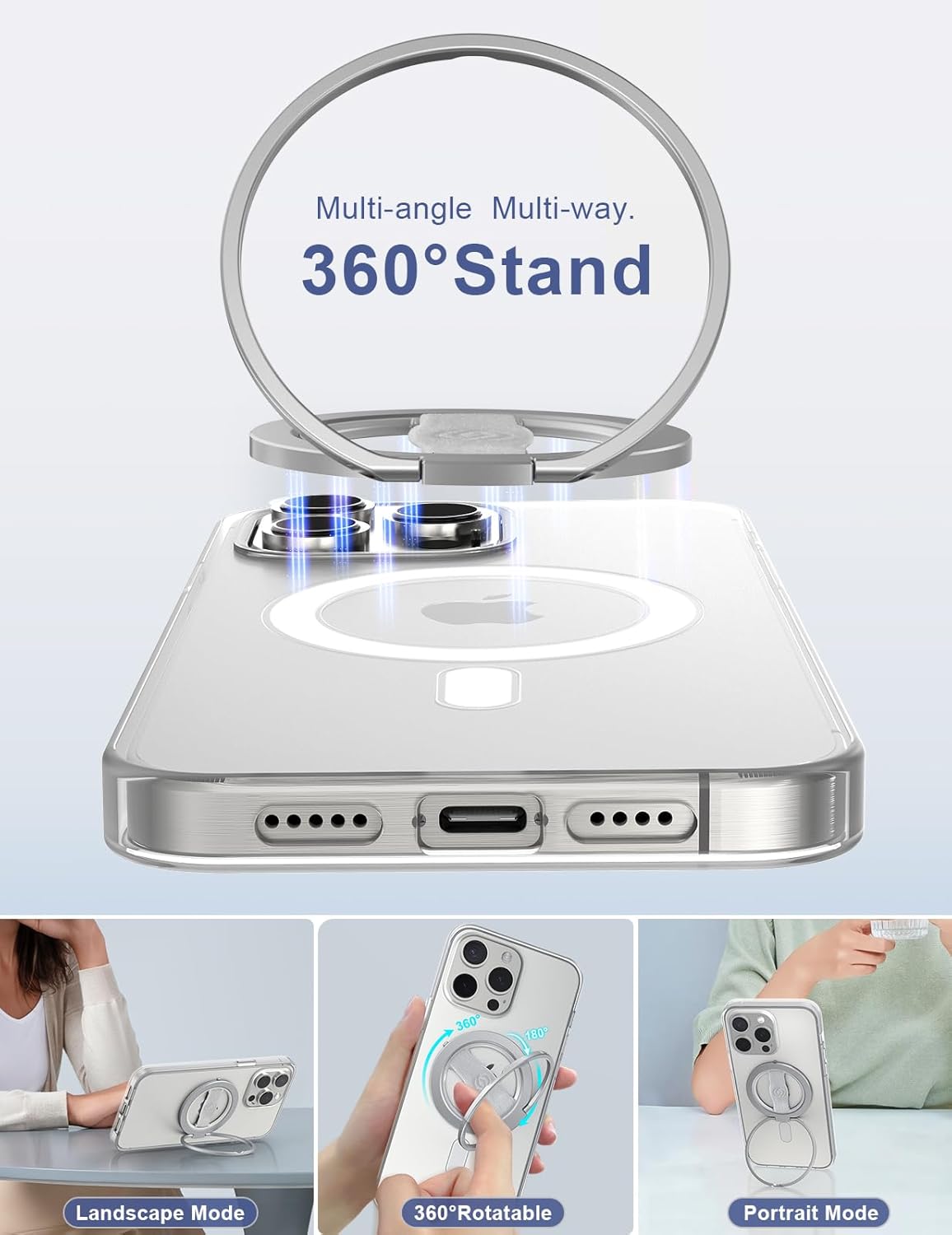EWA MagOne 3rd Gen [Compatible with MagSafe] Phone Grip Stand with Finger Strap, Removable Magnetic Ring Holder Kickstand Loop for iPhone 16,15, 14, 13, 12 Series-(Silver)