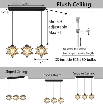 Farmhouse Modern Glam Chandelier Dining Room Clear Glass Star Pendants Light Fixture Kitchen Island LED Ceiling Hanging Lights Included Warm Light Bulbs Black