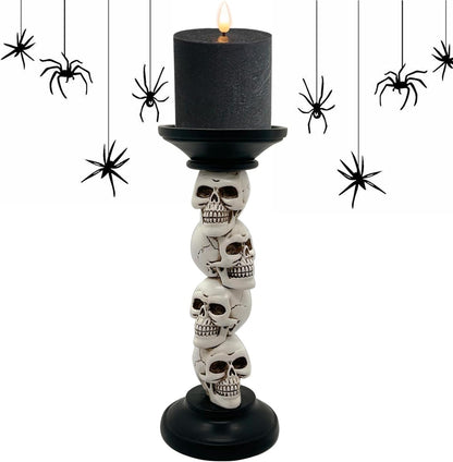 Pillar Candle Holder for Halloween Decoration Indoor, Skull Candlestick Holder, Skeleton Candlestick Holder Spooky Decor Black Taper Candle Holders