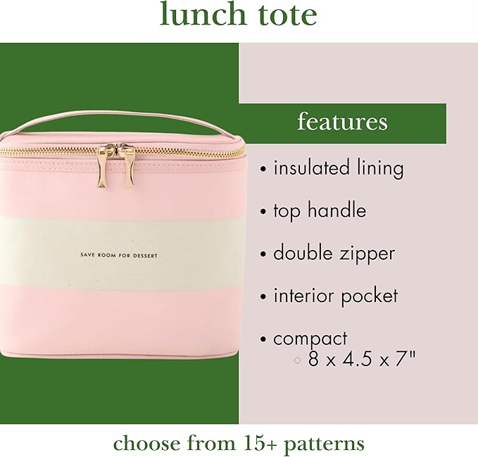 kate spade new york Small Insulated Lunch Tote, Lunch Cooler, 8 x 7 x 4.5 Cute Lunch Bag for Women, Pink Thermal Bag with Double Zipper Close and Carrying Handle, Blush Rugby Stripe