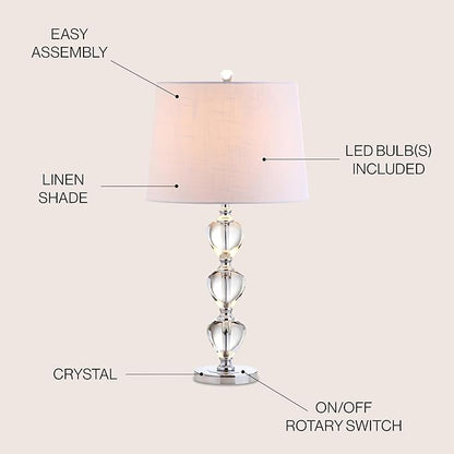 JONATHAN Y 27" Clear/Chrome Traditional Crystal LED Table Lamp, Elegant Column Bedside Lamp for Living Room Bedroom, White Linen Shade, UL Listed, LED Bulb Included JYL2042A