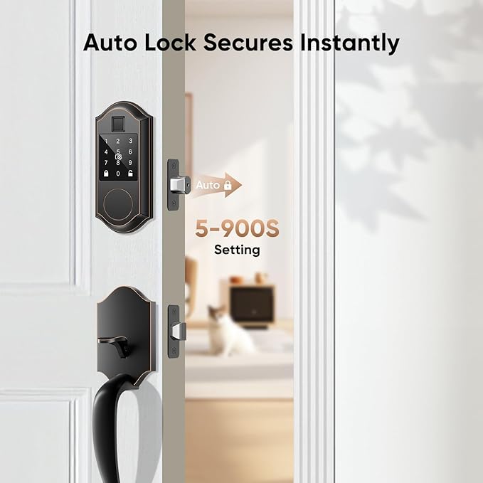 Fingerprint Smart Front Door Lock Set, Keyless Entry Door Lock with Handle, Smart Door Locks, Front Door Handle with Keypad and Deadbolt, APP Control, Touchscreen, Oil Rubbed Bronze