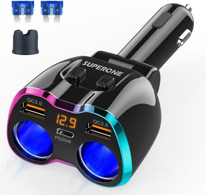2024 Upgraded Cigarette Lighter Splitter, SUPERONE 180W 2-Socket Cigarette Lighter Adapter with Dual QC3.0 and 20W PD USB C Car Charger Splitter for GPS/Dash Cam/Laptop/iPad/iPhone 16/15/14/13/12/11