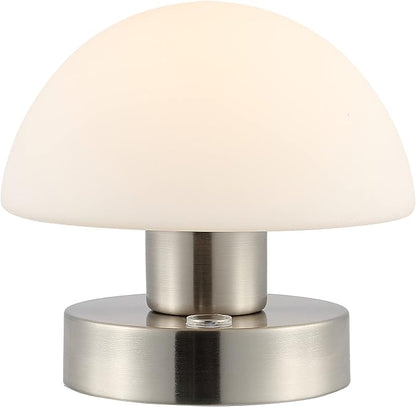 JONATHAN Y 5.75" Nickel/White Rechargeable Portable LED Table Lamp, Cordless Mushroom Accent Light for Bar, Nightstand, with Frosted White Glass Shade (JYL7113B)