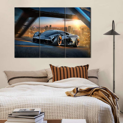 TUMOVO Cityscape Painting Sports Car Artwork Racing Pictures for Living Room 3 Piece Canvas Wall Art Modern Home Decoration Framed Stretched Ready to Hang Posters and Prints - 28 x 14inch x 3 Panel