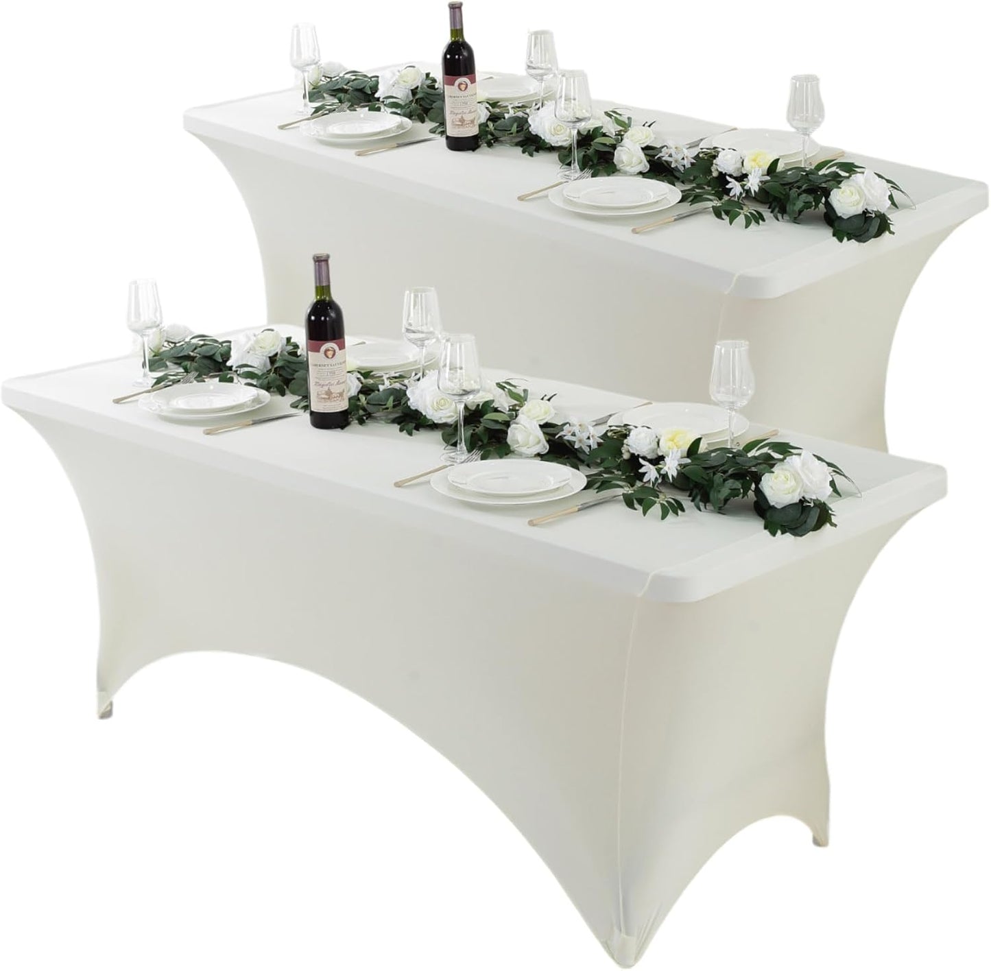 Craft And Party 2 Pack 8ft Ivory Spandex Tablecloth – Fitted Stretch Cover – Universal Fit for Folding Tables – Wrinkle-Free, Washable – Ideal for Parties, Weddings, Events