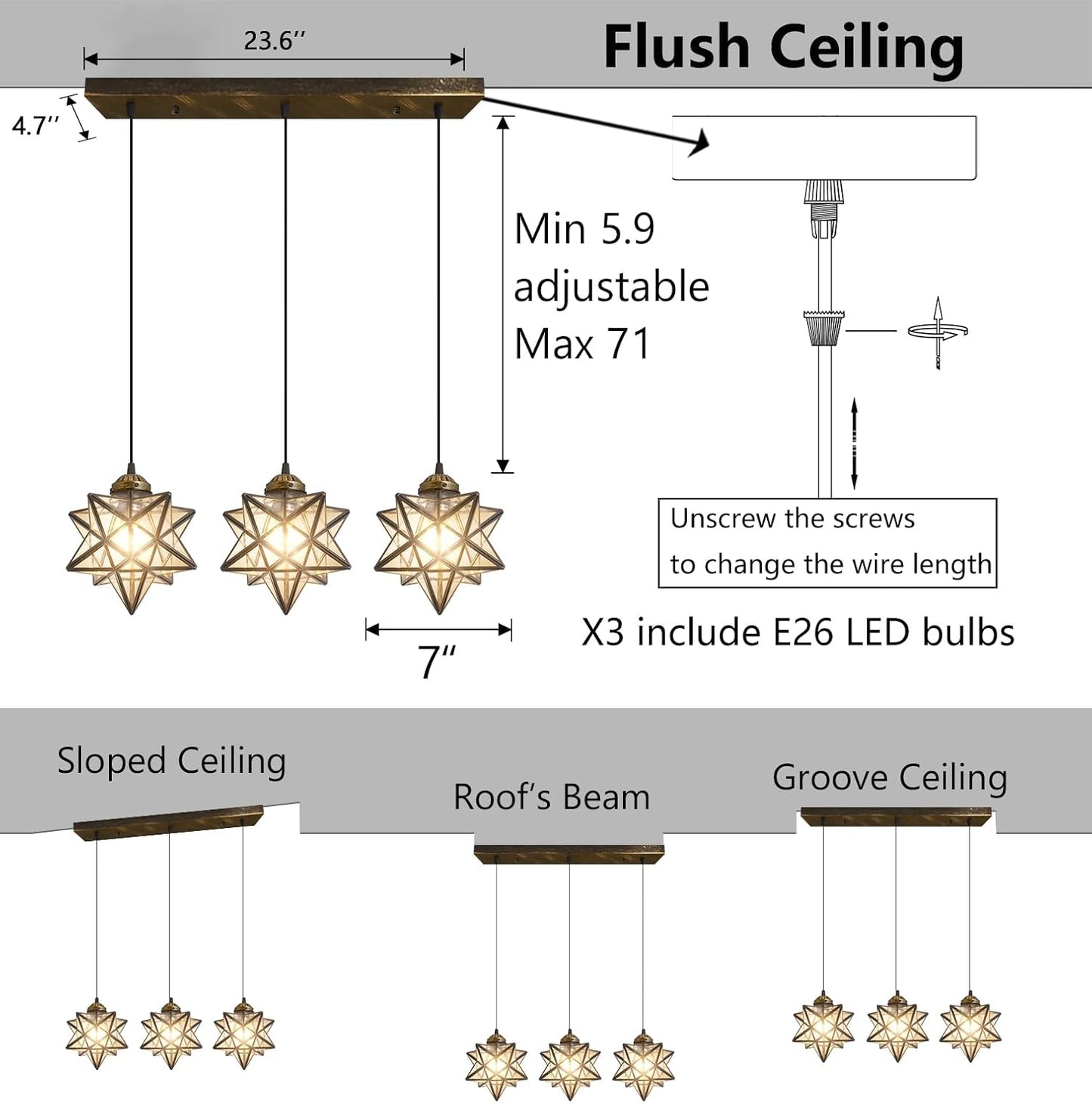Glam Chandelier 3 Lights Glass Star Pendant Lights for Dining Table Kitchen Island Modern Ceiling Hanging Lights Included LED Warm Light Bulbs Oiled Bronze