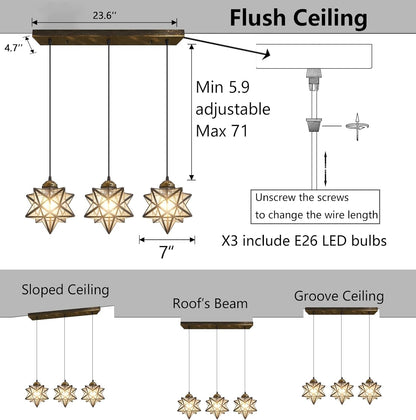 Glam Chandelier 3 Lights Glass Star Pendant Lights for Dining Table Kitchen Island Modern Ceiling Hanging Lights Included LED Warm Light Bulbs Oiled Bronze