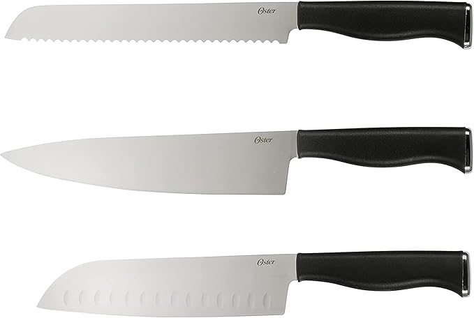 Oster Langmore 15-Piece Stainless Steel Knife Block Set with Black Handles – Full Kitchen Cutlery Set in Black Storage Box
