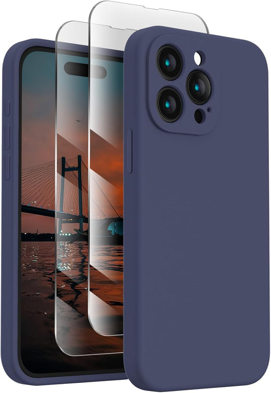 FireNova Designed for iPhone 15 Pro Case, Silicone Upgraded [Camera Protection] Phone Case with [2 Screen Protectors], Soft Anti-Scratch Microfiber Lining Inside, 6.1 inch, Navy Blue