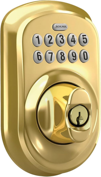 Schlage BE365 V PLY 505 Plymouth Keypad Deadbolt, Electronic Keyless Entry Lock, Bright Brass