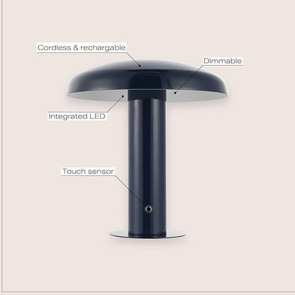 JONATHAN Y 11" Navy Rechargeable LED Mushroom Table Lamp, Cordless Portable Dimmable Mid-Century Modern Accent Lamp, with Metal Shade, Touch Sensor (JYL7114F)