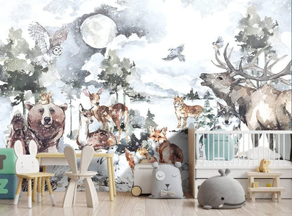 Boys or Girls Cartoon Watercolor Animals wallpeper Nursery Kids Bedroom Wall Mural - 160"x108"（Not Peel and Stick）