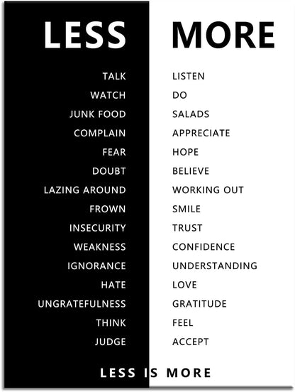 Less is More Motivational Print Wall Art for Office Black and White Inspirational Poster Inspiring Picture Painting Modern Artwork for Home Bedroom Living Room Office Decor Frame[18''W X 24''H]