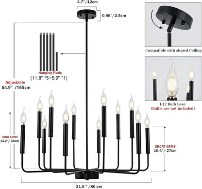 Modern Black Farmhouse Chandeliers, 12-Light Industrial Metal Chandelier Lighting, Classic Candle Hanging Pendant Light Fixtures for Living Room, Dining Room, Kitchen, Bedroom, Entryway