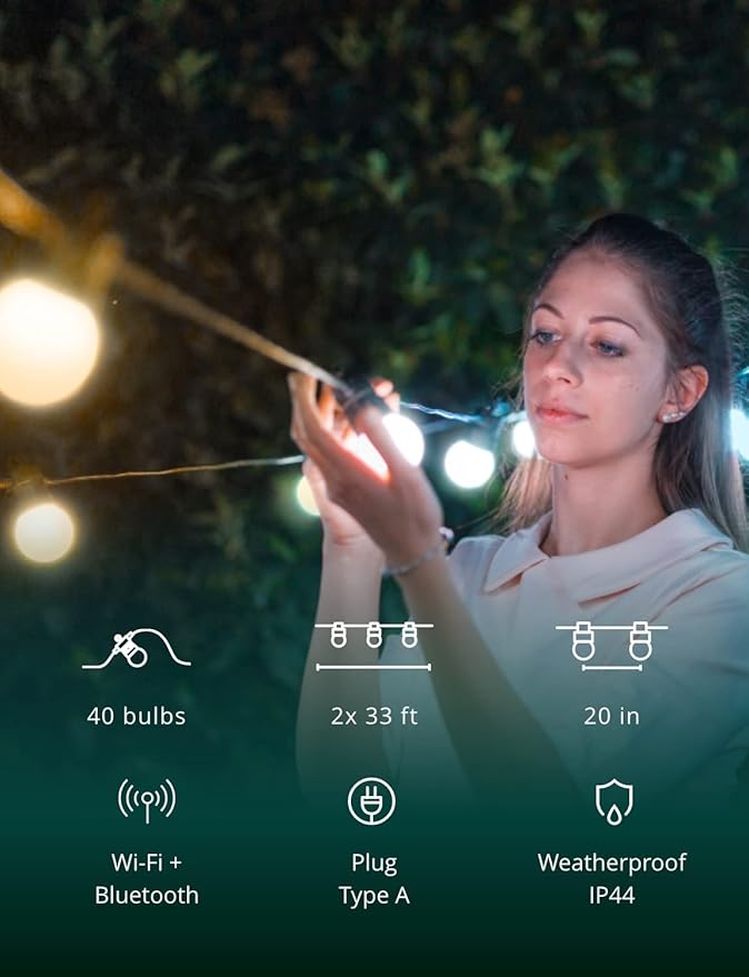 Twinkly Festoon App-Controlled LED Bulb Outdoor String Lights w/ 40 AWW (Warm to Cool White) LEDs, 65.6 ft Patio Lights, Outside Lights w/Black Cable. Smart Indoor Outdoor Lights Decoration