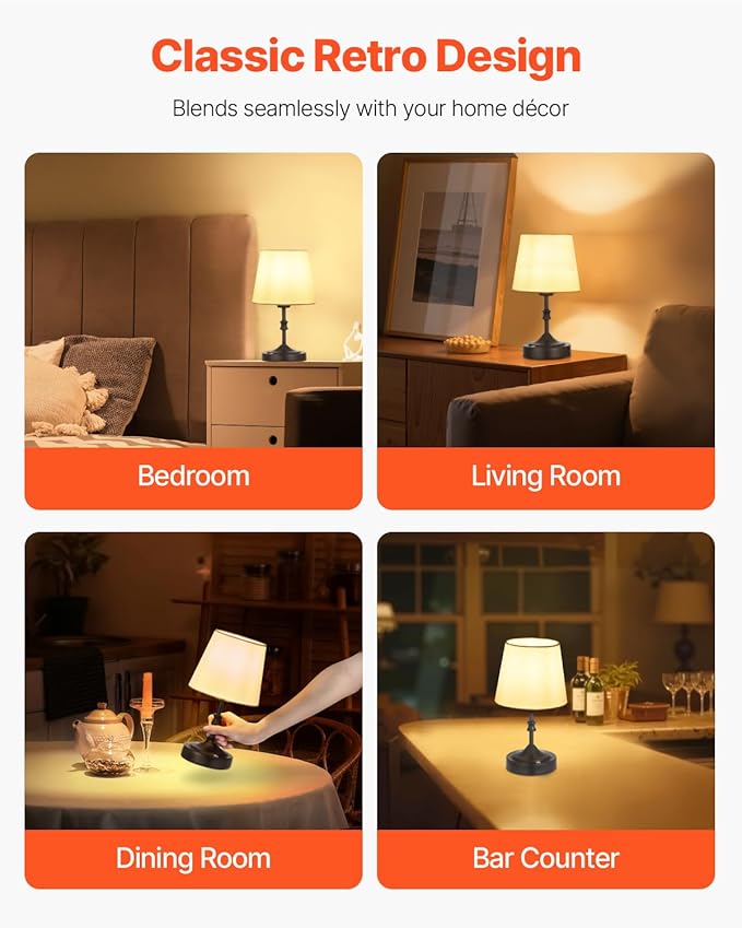 VEVOR Cordless Table Lamp, 5200mAh Built-in Rechargeable Battery Small Desk Lamp, 3-Level Brightness, Fabric Shade, 2700-3000K Color Temperature, Table Light for Restaurant, Bedroom, Bars, Black