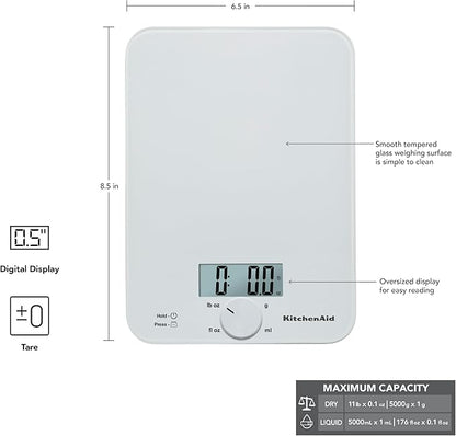 KitchenAid KQ914WH Glass Surface 11 Pound Capacity Digital Kitchen and Food Scale, Scale for Food Ounces and Grams, Dry and Liquid Ingredients, White