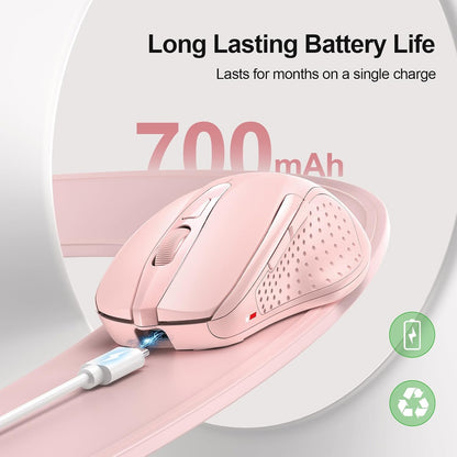 TECKNET Rechargeable Wireless Mouse, 2.4G Silent Mouse, Quiet Click, 6 Adjustable 4800 DPI, Cordless Computer Mouse, Ergonomic Mouse for Laptop, 6 Buttons USB-A Mouse for Chromebook, Ergo Grip - Pink