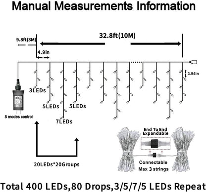 YEGUO 33ft 400 LED Red and White Icicle Lights Outdoor Waterproof, 80 Drops Icicle String Lights Connectable, 8 Modes Icicle Christmas Lights with Memory