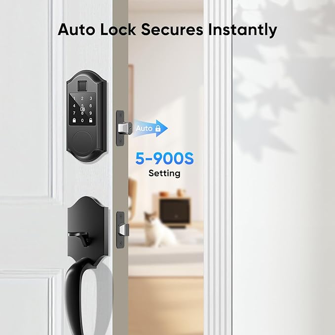 Smart Front Door Lock with Fingerprints, 2 Keys & 4 Cards, Front Door Lock Set Keyless Entry, Smart Locks for Front Door, Keypad Deadbolt with Handle, APP Control, Auto Lock, Matte Black