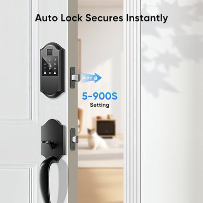 Smart Front Door Lock with Fingerprints, 2 Keys & 4 Cards, Front Door Lock Set Keyless Entry, Smart Locks for Front Door, Keypad Deadbolt with Handle, APP Control, Auto Lock, Matte Black