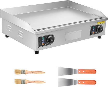 VEVOR Commercial Electric Griddle, 25.79 x 15.75 inch, 2800W, 122-570°F Adjustable Temp Control, Stainless Steel Body, Full Flat, with 2 Spatulas, 2 Brushes, and 4 Foot Pads, for Steak(NO PLUG)