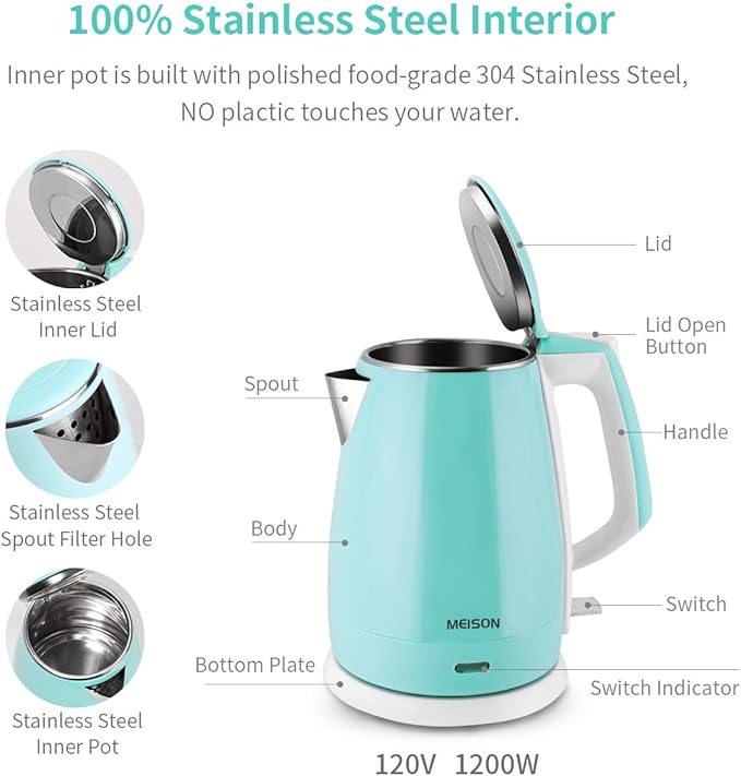 Electric Kettle(BPA Free), Double Wall Water Boiler Heater, Stainless Steel Interior, Cool Touch Coffee Pot & Tea Kettle, Auto Shut-Off and Boil-Dry Protection, 1.5L, 2 Year Warranty